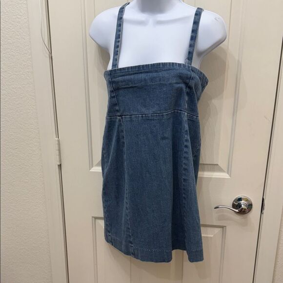Lux Blue Denim Mini Dress Adjustable Straps Size 10 Square Neck Slit Back - Picture 3 of 12